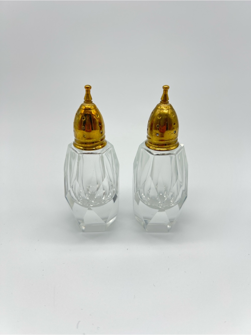 VINTAGE Cut Crystal Salt & Pepper Shakers • Gold Tone Brass Tops • 3.5”